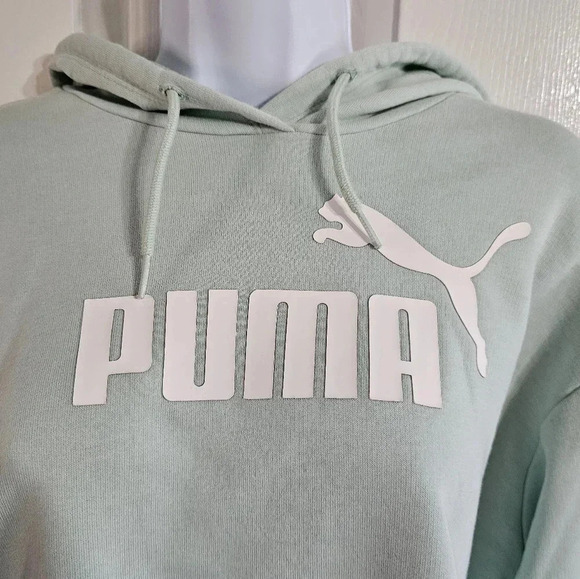 PUMA Womens S Cropped Hoodie Teal Green Cotton Logo Y2K Athleisure Casual - Picture 3 of 7